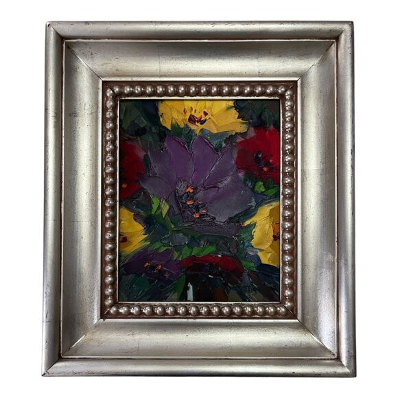 Framed Floral Oil Painting on Canvas – Heavy Silver Beaded Frame - Picture 1 of 9